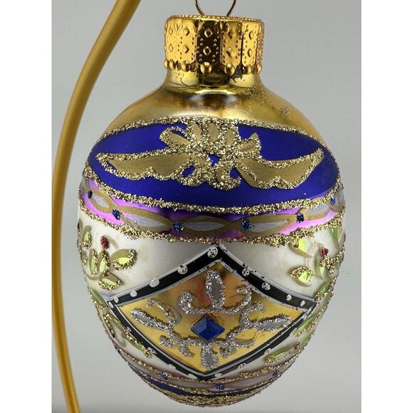 Unique Treasures Hand Blown Glass Egg Ornament w/ Blue and Gold Accents Crystals - Picture 4 of 9